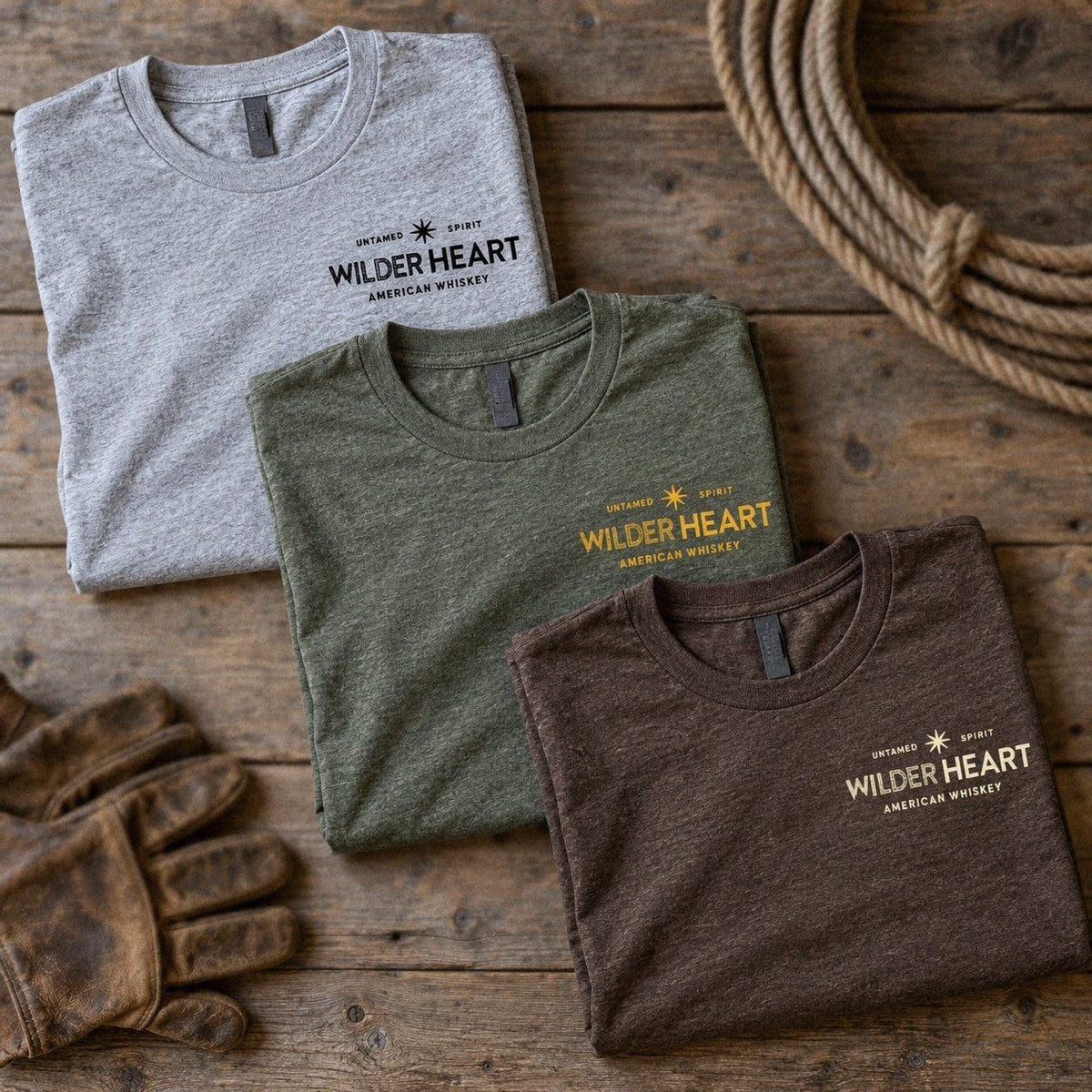 Wilder Heart T-shirts in Gray, Military Green and Espresso, folded on a pine table