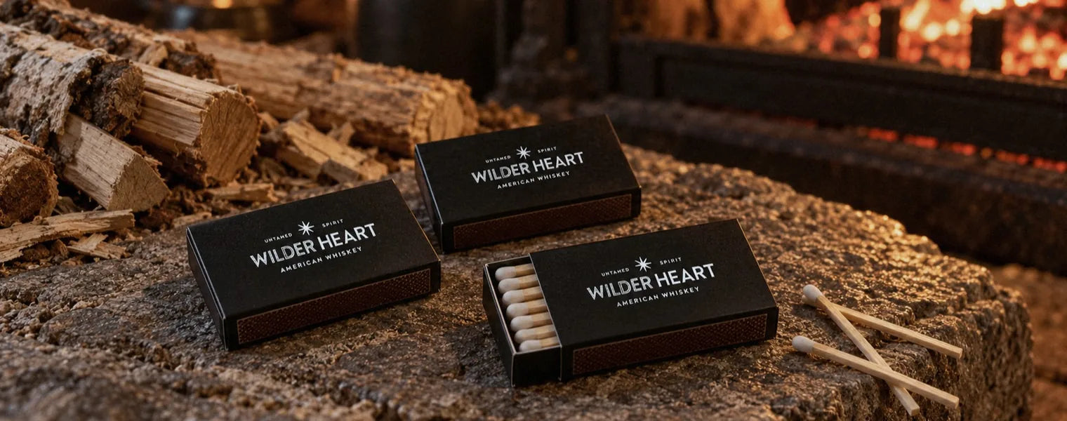 Three matchboxes on the stone hearth with kindling and the fire glowing