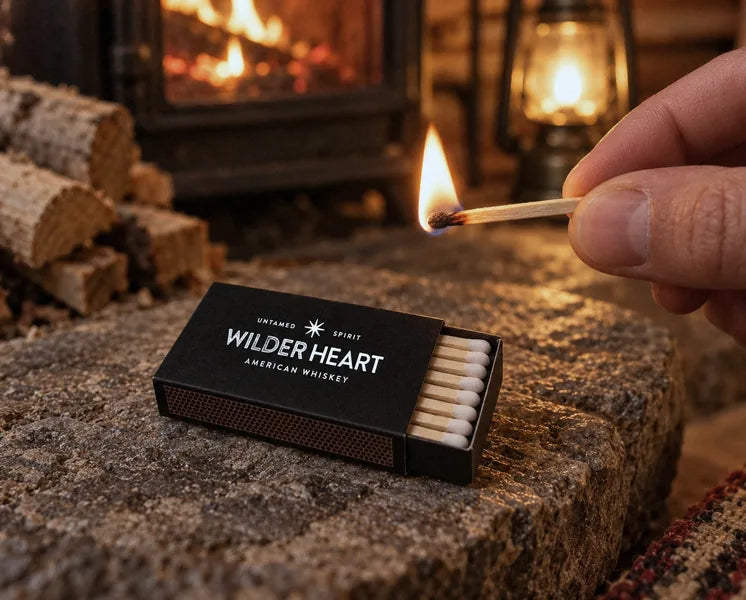 A lit match held above an open matchbox on the stone hearth