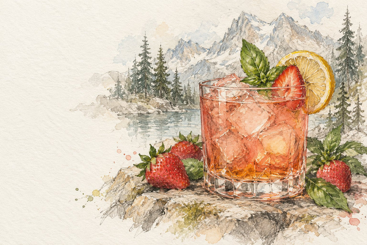 The Camelback with strawberries, basil and lemon, in pencil and watercolour