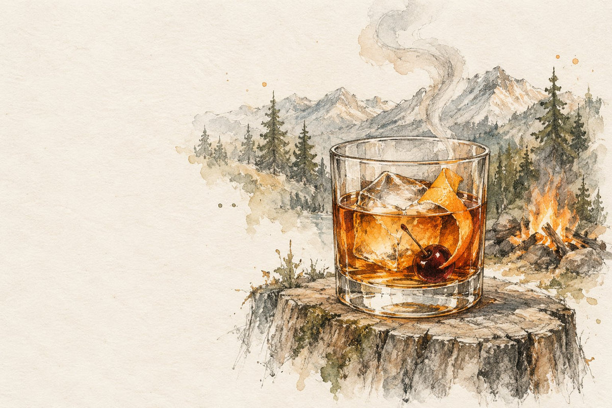 The Campfire Old Fashioned with smoke and a cherry beside a campfire, in pencil and watercolour