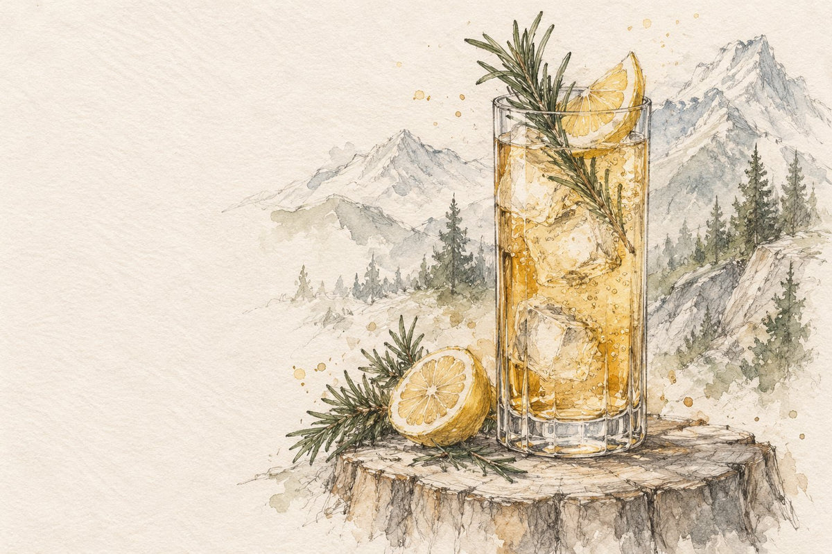 The Long Drink with rosemary and lemon, in pencil and watercolour
