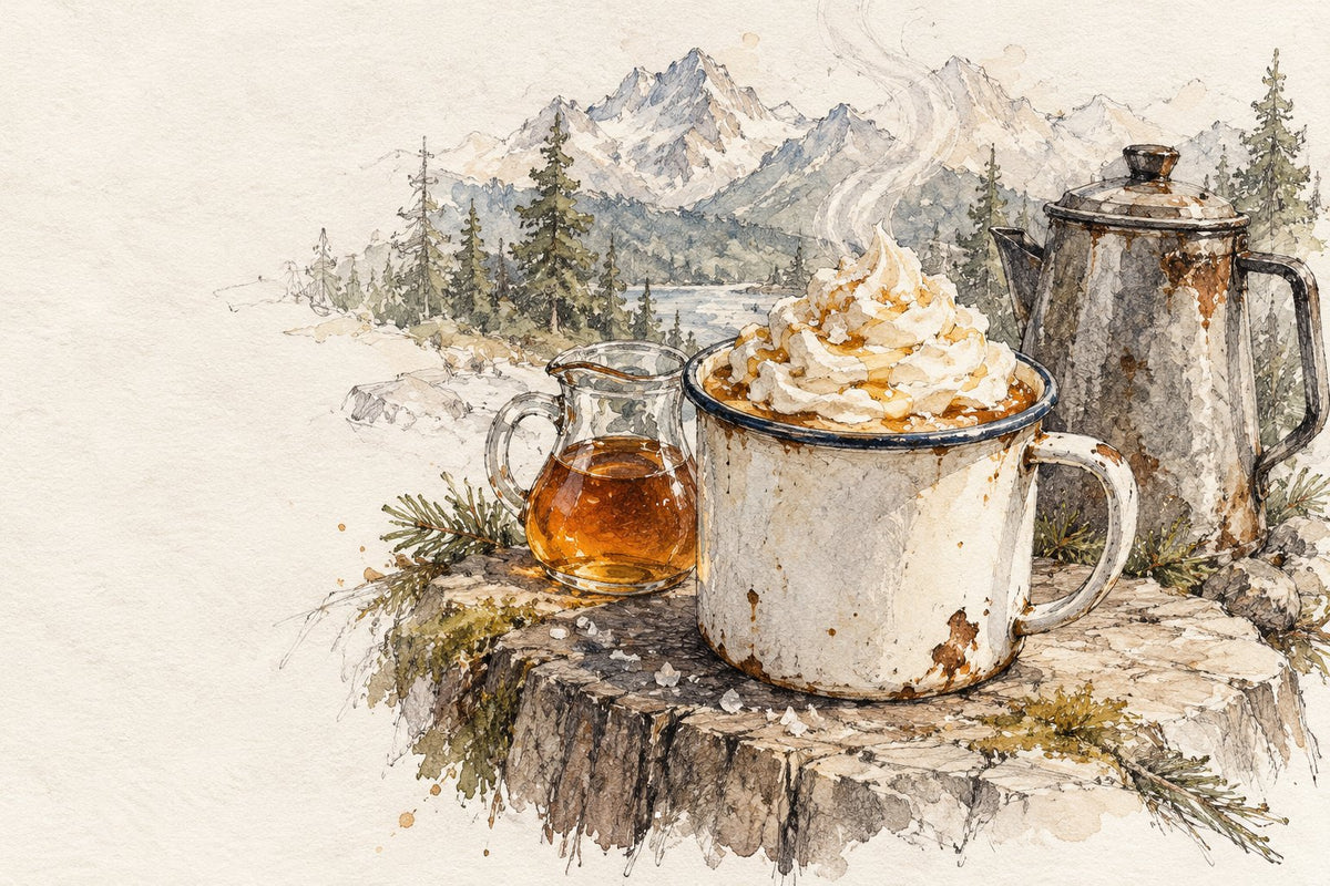 Mountain Coffee with maple whipped cream in a camp mug, in pencil and watercolour