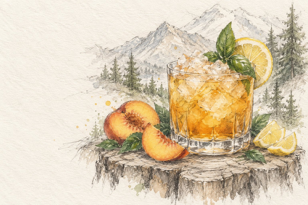 The Wilder Heart Smash with peach, basil and lemon, in pencil and watercolour