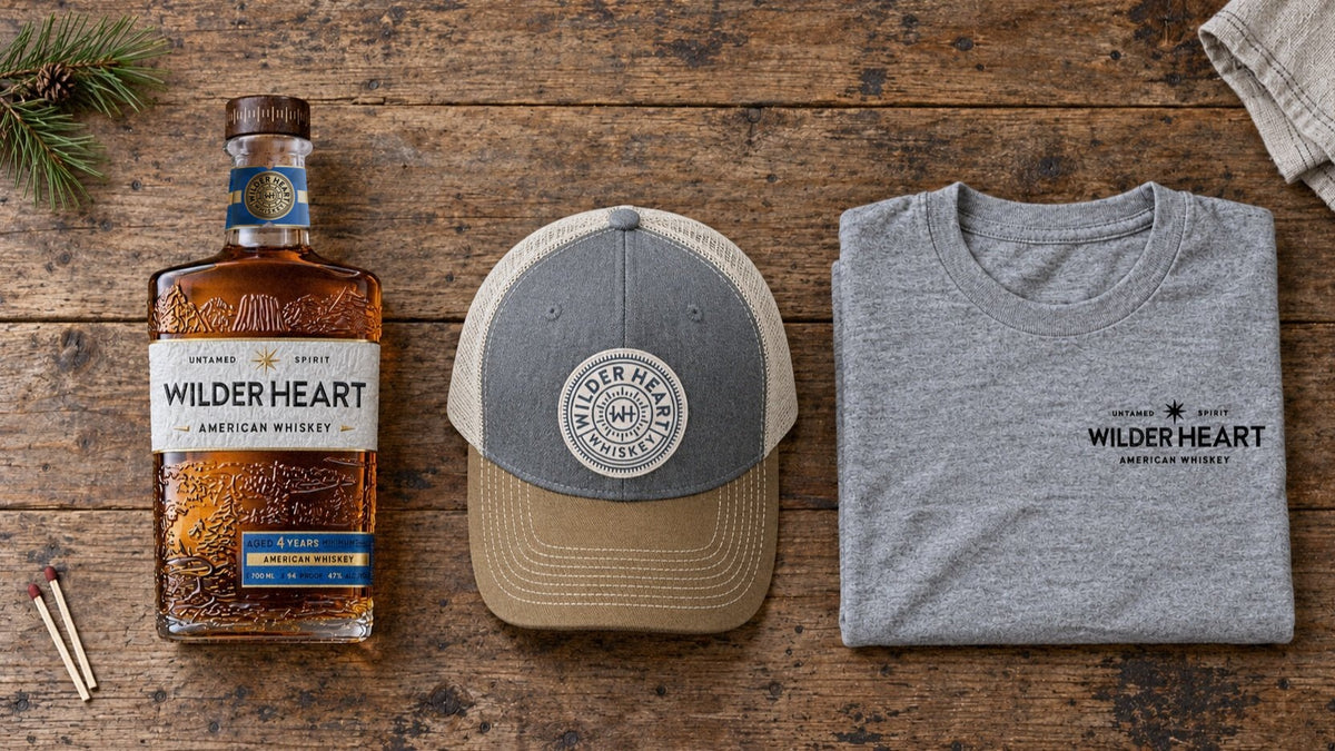 The Camp Kit laid out on a pine table: Wilder Heart Whiskey, the heather gray trucker hat and the gray T-shirt