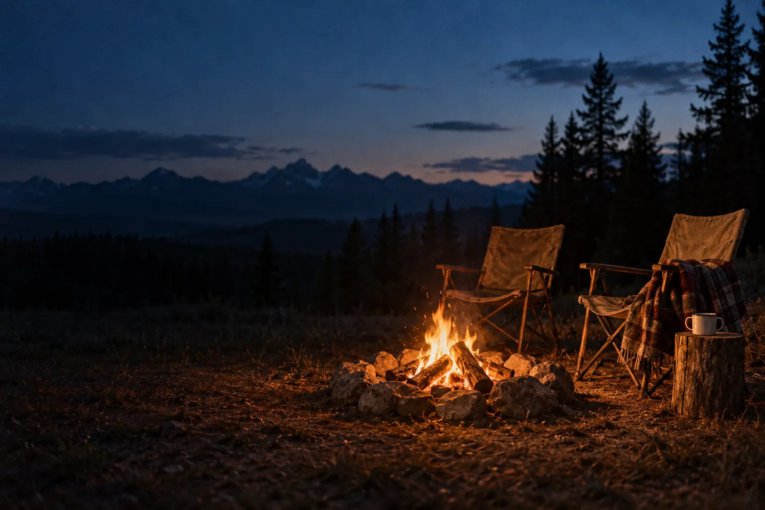Two empty camp chairs by a campfire at dusk, a blanket over one arm and a tin mug on a stump