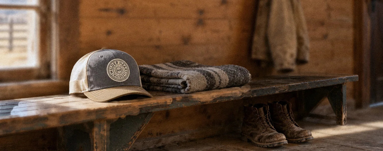 The trucker hat on a worn bench in a ranch-house mudroom, a wool blanket and work boots beside it