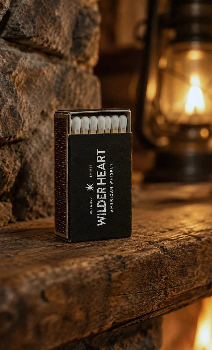 One matchbox standing on a wooden mantel by the chimney