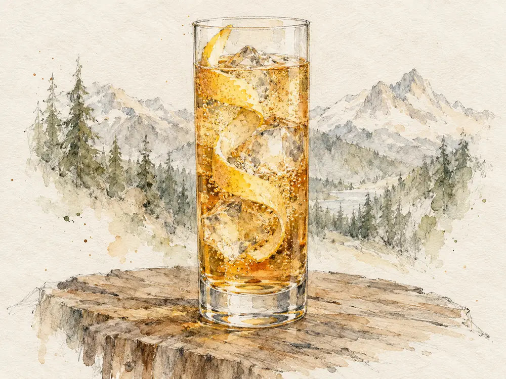 Pencil and watercolour drawing of a tall whiskey highball with a lemon twist