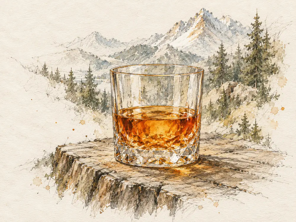 Pencil and watercolour drawing of a neat pour of whiskey on a stump below the mountains