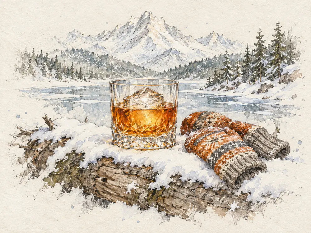 Pencil and watercolour drawing of whiskey over one large ice cube, set in the snow on a log by a frozen lake