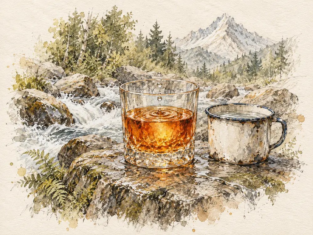 Pencil and watercolour drawing of a neat whiskey on a rock by a mountain stream, a drop of water falling in, a tin cup beside it